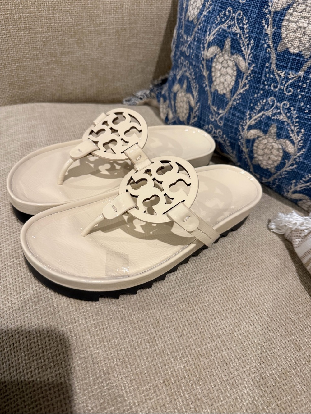 Tory Burch Cream Miller Logo Thong Sandals